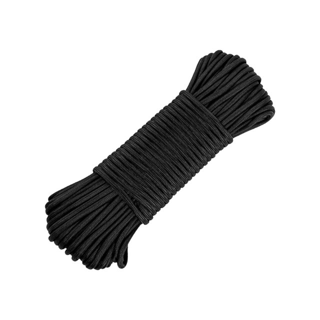 Pisexur Outdoor Nylon 9-core Umbrella Rope Camping Emergency Paratrooper Wind Rope Tent Canopy Rope, a tightly coiled black nylon rope with a thickness of 0.4 cm and a total length of 15 meters. This durable paracord offers high tensile strength of 320, ideal for tent repair, emergency kits, and crafting items like bracelets, lanyards, or necklaces. Suitable as a versatile tent repair accessory for outdoor use.