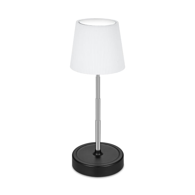 Mistaha Adjustable Height Table Lamp with pleated design, black base, and retractable pole. This rechargeable ambient lamp features RGB touch control and three colour temperature options (2700K to 6500K). Ideal for home decor, it offers up to 24 hours of illumination and USB charging. Made with stainless steel, ABS, and acrylic materials.