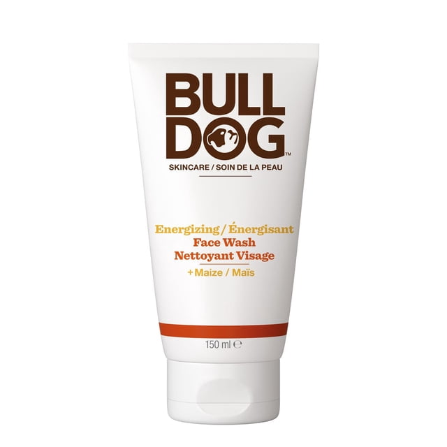 Bulldog Energizing Face Wash foaming cleanser for men, front-facing squeeze tube with Bulldog logo and 'energizing' label, labeled with maize (corn), foaming action, 100% natural fragrance and 94% natural origin ingredients; shown on a neutral background and often used as a quick morning refresher before shaving.