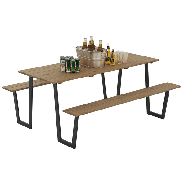Outsunny 5.7 FT Outdoor Picnic Table Bench Set with 2" Umbrella Hole, Brown