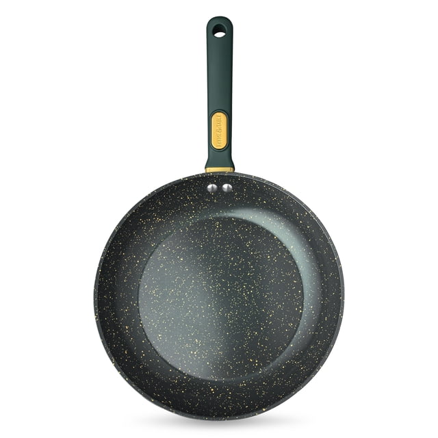 Thyme & Table 12.5" Non-Stick Granite Collection Fry Pan in hunter green with a speckled black nonstick surface and a solid hunter green handle featuring a gold-tone brand label, shown from above on a white background, suitable for all cooktops and dishwasher safe.
