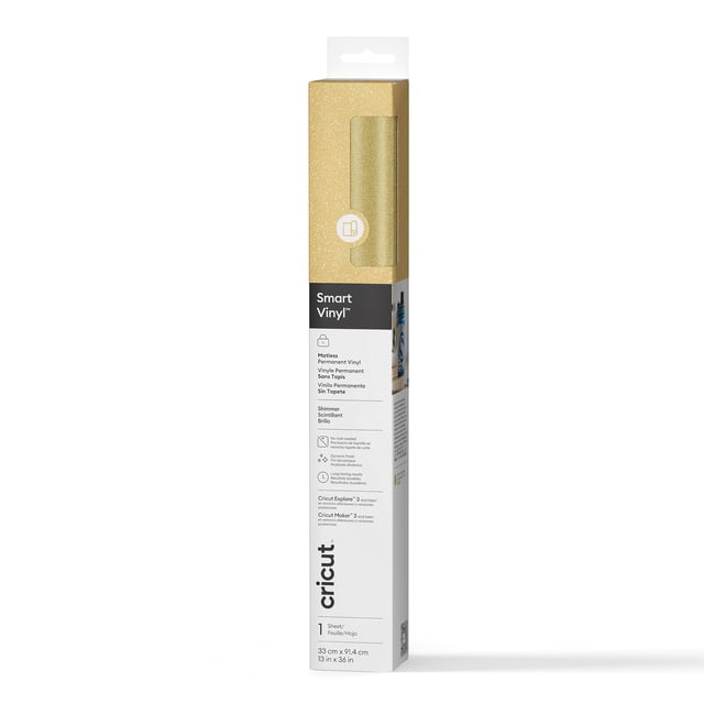 Cricut® Smart Vinyl™ Vinyle Permanent Scintillant Sans Tapis (3 Pi) en Or, dans un Emballage Haut Montrant un Vinyle Scintillant Texturé, Conçu pour la Coupe Sans Tapis avec Cricut Explore 3, Maker 3 et Venture machines, Idéal pour les Projets de Vinyle d'Artisanat Intérieur et Adapté à des Décalcomanies Personnalisées Rapides.
