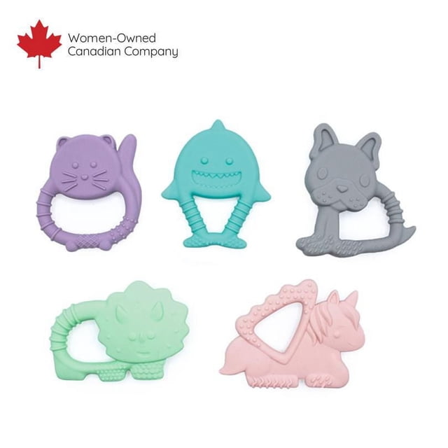 Silicone Teethers Lot de 5 Montrant Cinq Teethers pastel en Forme d'Animaux en Violet, Sarcelle, Gris, Vert Menthe et Rose, Faits de Silicone Texturé de Qualité Alimentaire 100 % pour Apaiser les Gencives de Bébé et Offrir une Prise Facile pour le Soulagement de la Dentition.