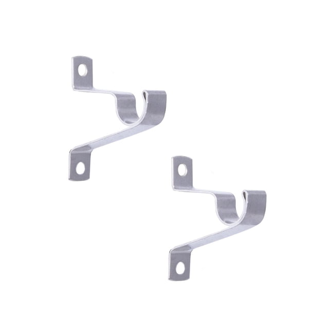 Mainstays Cafe Window Curtain Rod Brackets in nickel finish, two metal brackets with ¾ inch projection designed to hold 7/16 inch diameter curtain rods, each with two screw holes for wall mounting, ideal for curtain and drapery hardware.