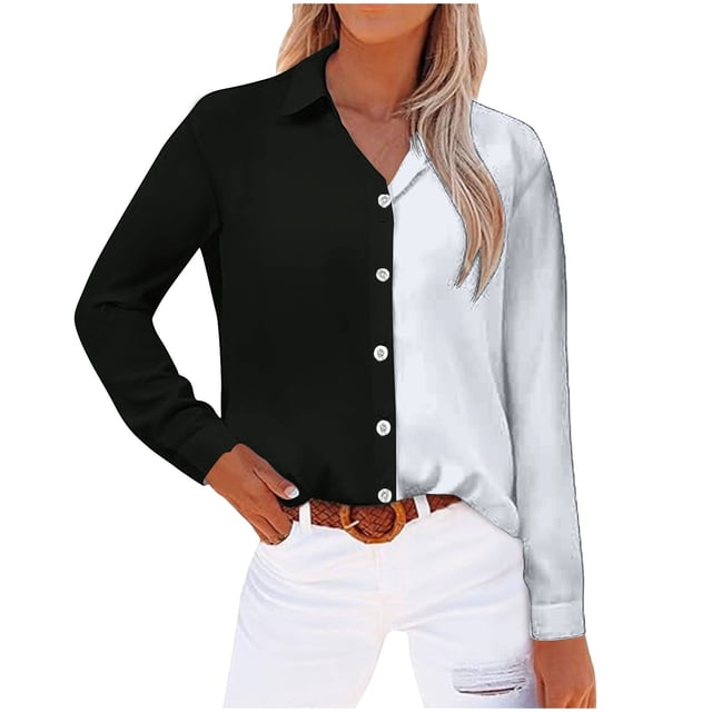 Timegard Womens Tops Lapel V-Neck Button Long Sleeve Color Block Shirts Work Casual Loose Tops Blouse