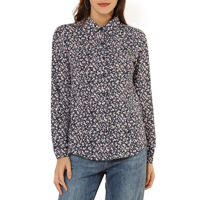 INSPIRE CHIC Chemise Boutonnée pour Femme à Petites Fleurs à Manches Longues Col en Pointe Haut de Bureau TP Bleu Foncé