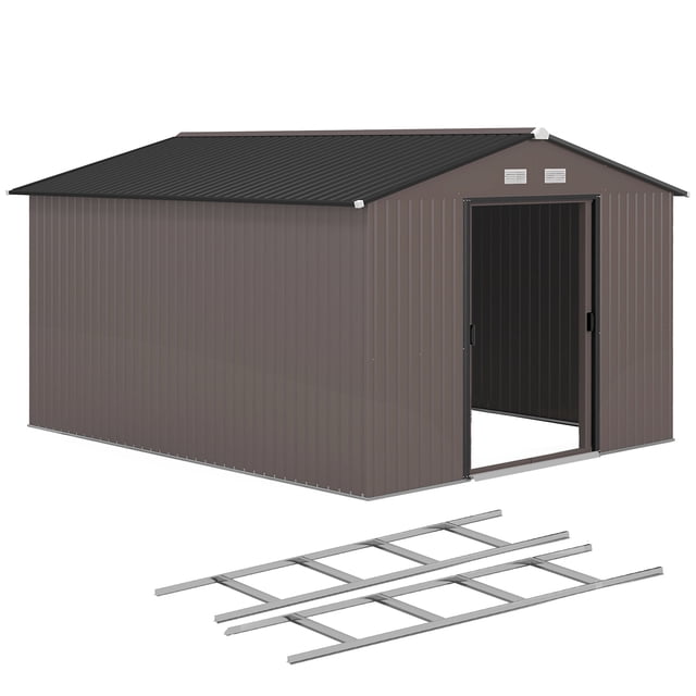 Outsunny 9' x 10.6' Garden Storage Shed w/ Steel Foundation Kit, Brown centered front-facing view of a rectangular galvanized steel outdoor shed with sloped roof, painted brown finish, double sliding doors, four vents and included steel foundation kit; 109.1" W x 126.8" D x 75.6" H, often used for storing tools, bikes or as a work/garbage shed.