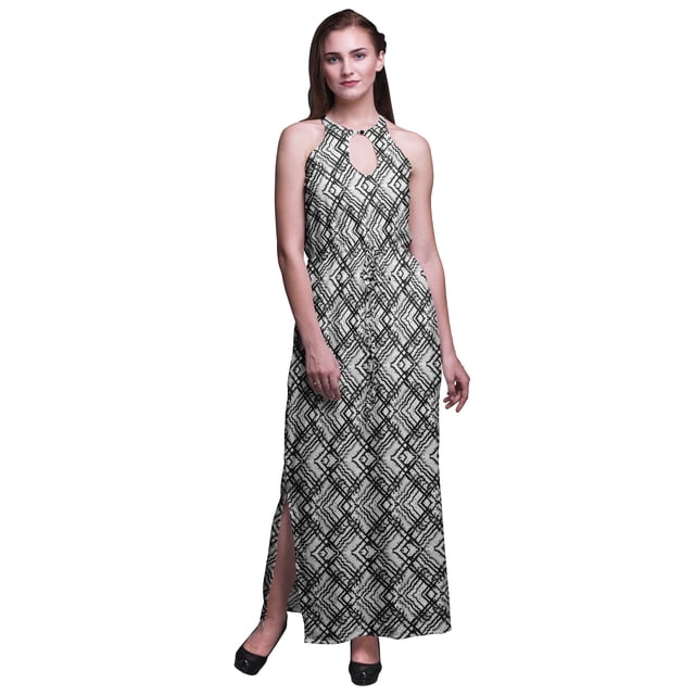 Bimba Robe Maxi à Imprimé Teinture sur Nœuds pour Femmes, Col Rond, Taille Élastique, avec Fentes Latérales, Tenue d'Été-TTG