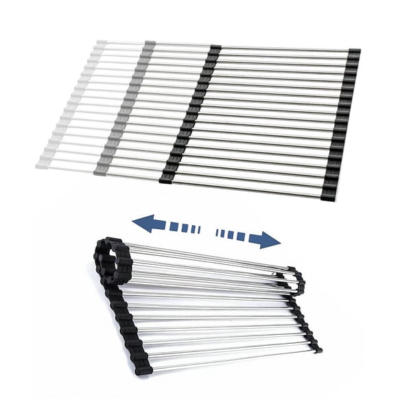 CHIRISEN Égouttoir à Vaisselle Extensible Grand Enroulable 18 Tubes 21.25x12.79 Pieds' Pliable au-Dessus de l'Évier Égouttoir Antidérapant en Silicone Enroulable Égouttoir en Acier Inoxydable SUS304 pour Comptoir d'Évier de Cuisine