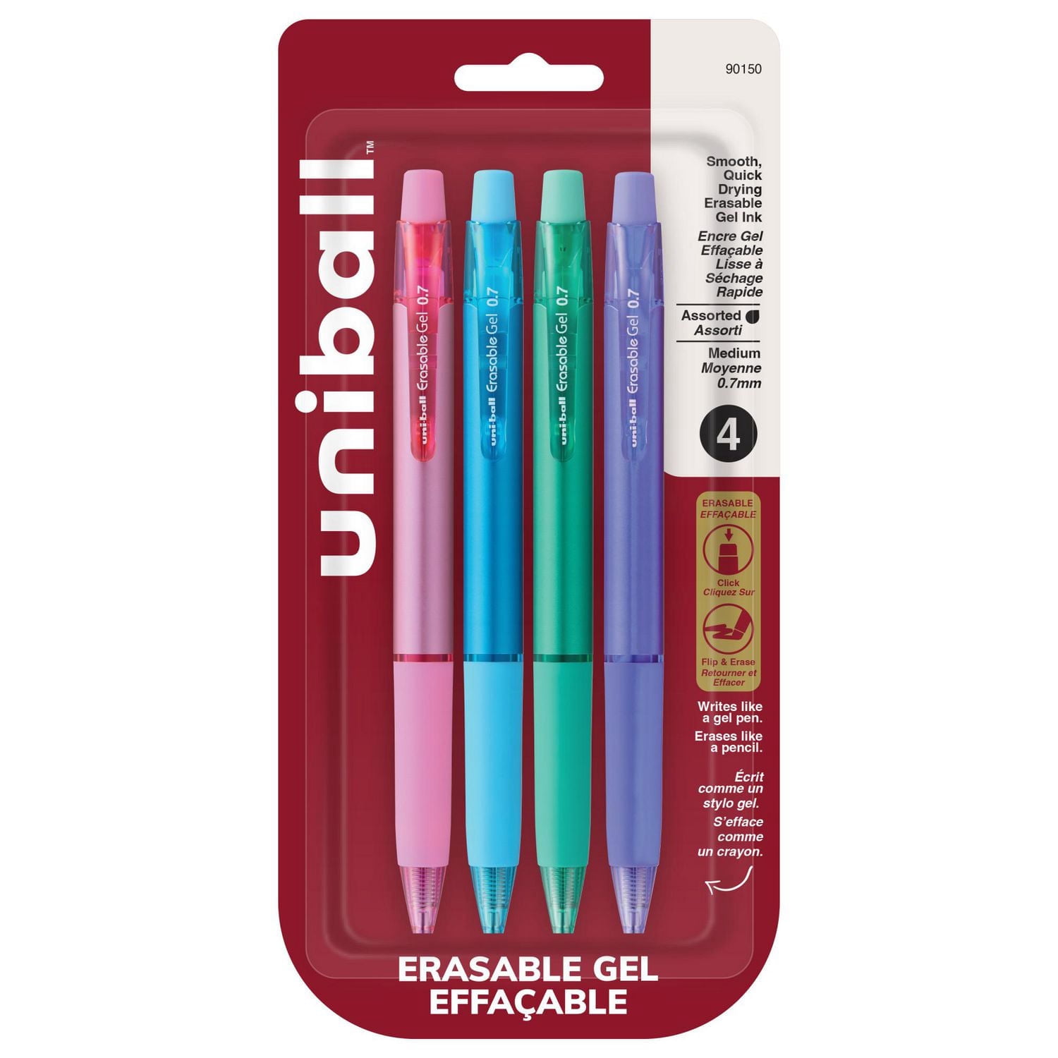 uniball™ Erasable Gel Retractable Pens, Medium Point (0.7mm), Fashion Colours, 4 Pack