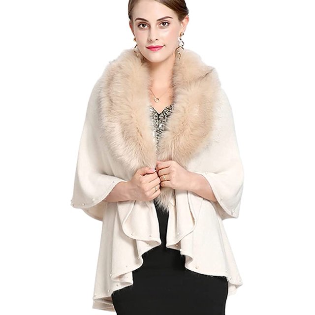 LinYooLi Women's Faux Fur Collar Shawl Wrap Fashionable Solid Color Poncho Cape Open Front Cardigan for Fall Winter 2022