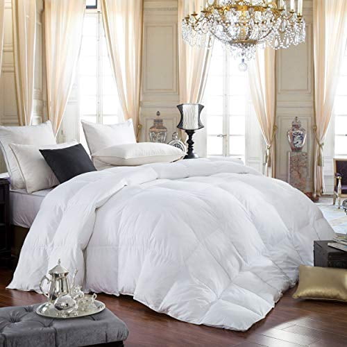 LUXURIOUS Queen Size Siberian GOOSE DOWN Comforter, 600 Thread Count 100% Egyptian Cotton Cover, Solid White Color, 750 Fill Power, 60 Oz Fill Weight, All Season Down Comforter