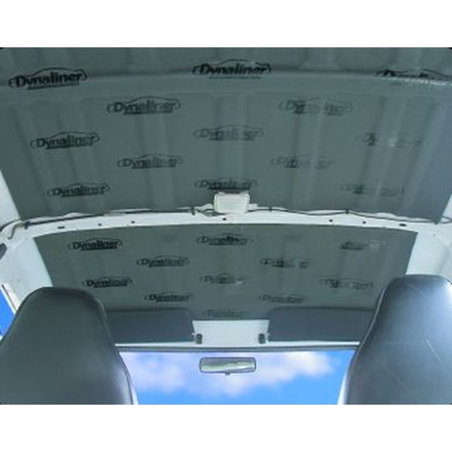 Dynamat Thermal Acoustic Insulation 11102 Dynaliner, 1/4 inch thick foam sheet measuring 32 x 54 inches, shown installed on the interior roof of a vehicle. The self-adhesive, multicolour foam provides excellent acoustic attenuation, reduces noise, blocks heat, and isolates vibrations. Features a peel-and-stick application and is oil and water resistant.