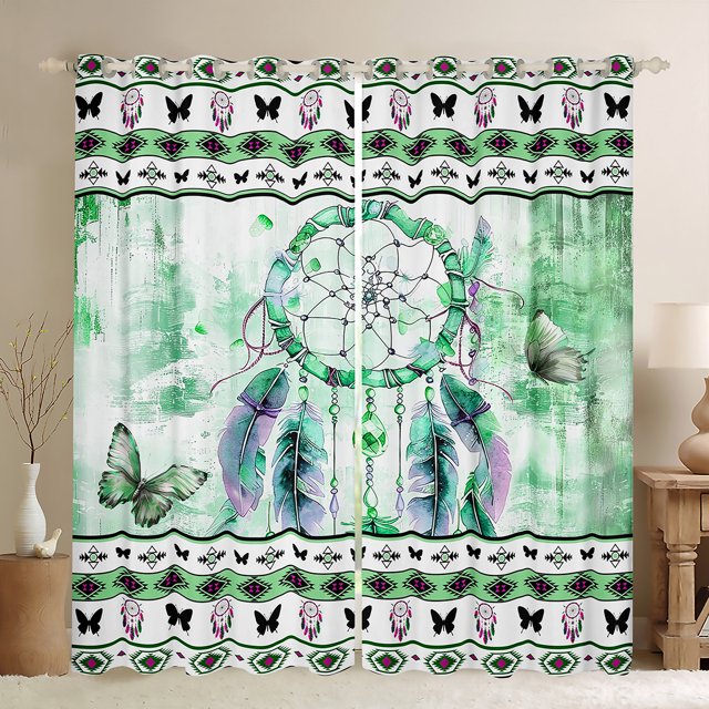 YST Rideaux Attrape-Rêves Hippie Vert Ombré Rideaux & Draperies pour Filles, Rideaux Occultants Papillon Chic Dégradé Aquarelle Rideaux de Chambre, Style Exotique Tribal Aztèque Traitements de Fenêtre