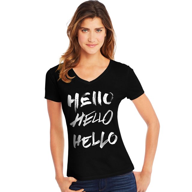Hanes Tee-Shirt à Manches Courtes Col en V pour Femmes, TG, Hello Hello/noir