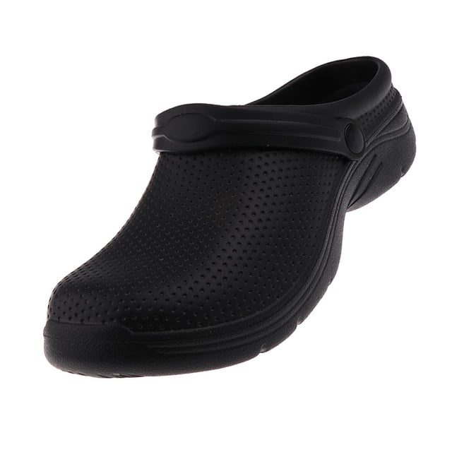 Men Women Slip Resistant Chef Clogs in black, EU size 39. These unisex clogs are made of lightweight EVA material with a slip-on design. Features include a slip-resistant, oil-resistant, and shock-absorbent polyurethane sole, perforated upper for breathability, and a soft cushioned insole with excellent arch support. Suitable for use in kitchens, restaurants, gardens, and other work environments. Heel height is approximately 3.5 cm (1.37 inches).