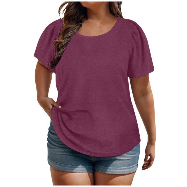 Penkiiy T-Shirts d'Été pour Femmes, Couleur Unie, Grande Taille, Manches Courtes Bouffantes, Col Rond, Coupe Ample, Mode, Manches Courtes, Col Rond, Haut TG-5TG 2TG Bordeaux