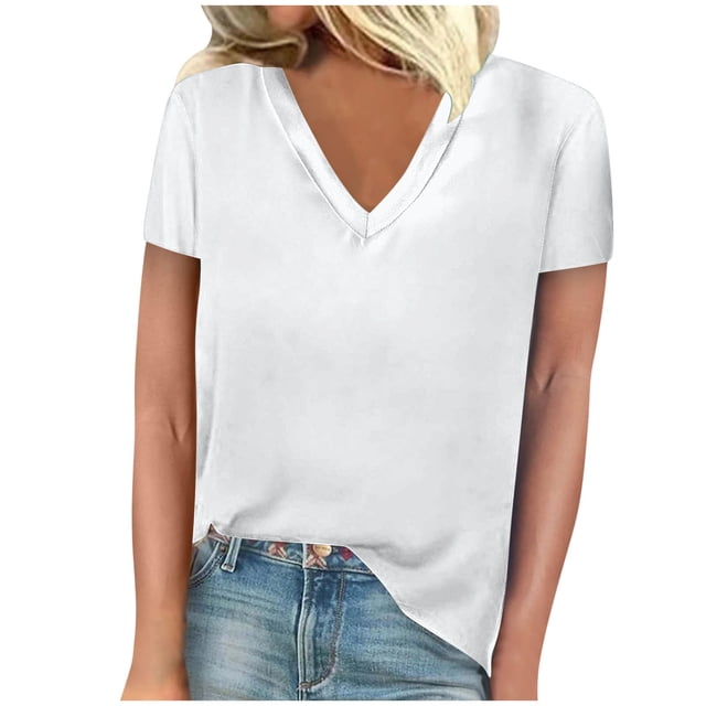 FAIWAD Womens Summer Tops Short Sleeve V Neck Pullover Shirts Loose Casual Solid Color Basic Tops