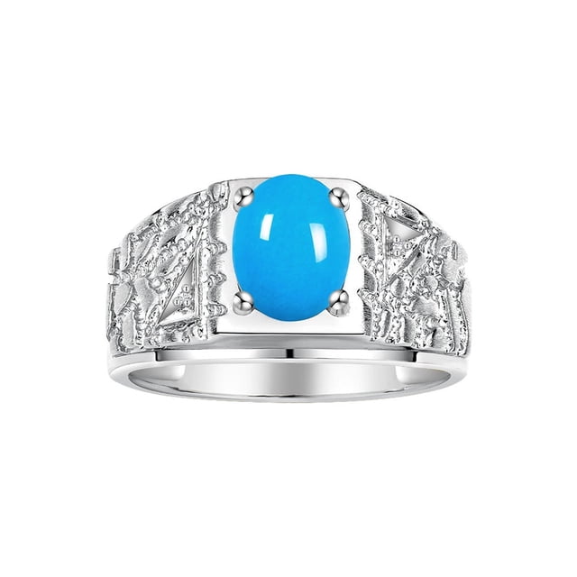 RYLOS Men's Rings Sterling Silver Designer Nugget Ring Oval 9X7MM Gemstone & Diamonds Turquoise December Birthstone Rings For Man Size 10