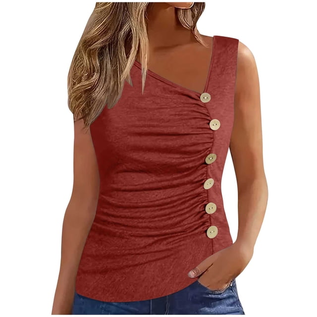 Timegard Womens Tank Tops Ruched Side Button Sleeveless Slim Comfy Summer Dressy Casual Shirts Top Blouse