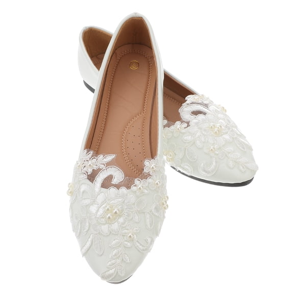 1 Pair Handwork Wedding Shoes Stylish Lace Pearl Flower Wedding Shoes White Wedding Dress Supplies Bridal Flat Shoes Leisure Women Shoes Size 39 White