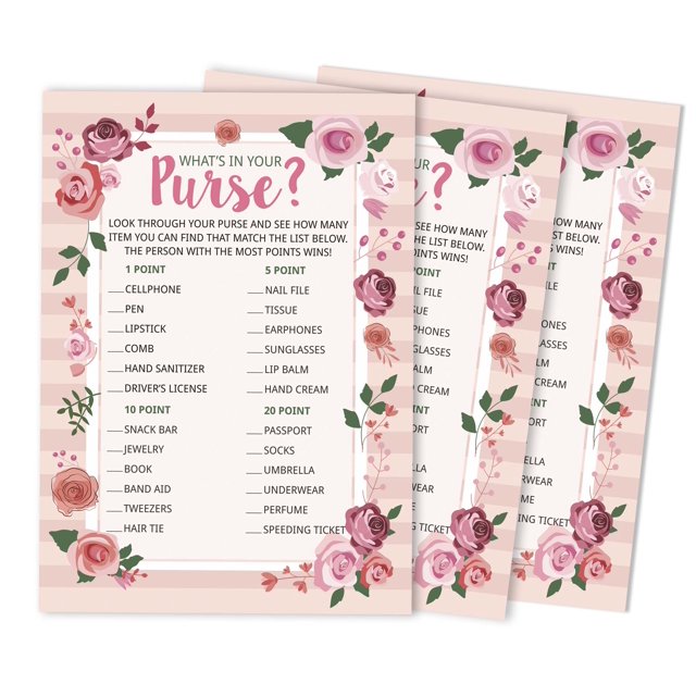 Inkdotpot 50-PackFloralWhats In Your Purse Bridal ShowerGameWedding Shower Bachelorette Party Bulk ActivityGameCards