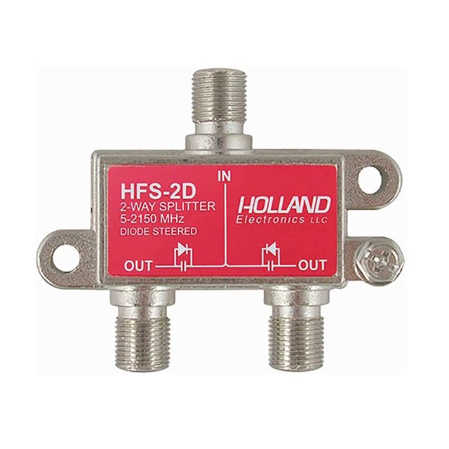 Holland HFS-2D Répartiteur Coaxial à 2 Voies Conçu pour les Systèmes satellite Dish Network, Doté d'Une Étiquette Rouge avec des Spécifications Techniques et un Boîtier Métallique durable. Comprend un Fonctionnement à Grand Bande de 5-2150 MHz, des Circuits à diode Orientée et des ports F Filetés pour Machine de Précision avec un Espacement de 1 Pouce. Offre un Blindage RFI de 140 dB pour une Excellente protection EMI/RFI.