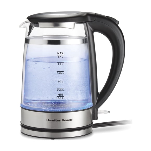 Hamilton Beach 1.7 L Double Wall Electric Kettle, Cordless Glass & Stainless-Steel Hot Water Boiler, 1500W, Model 40850