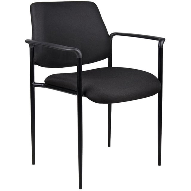 Boss Office Square Back Diamond Fabric Stackable Guest Chair in Black featuring a modern design with a square back and molded arm caps. The chair has a black fabric upholstery, a painted tubular steel frame, and a waterfall seat to reduce leg stress. It measures 30.5 inches in height, 23.5 inches in width, and 23 inches in depth, with a weight capacity of 250 pounds. Stackable up to four chairs high for space-saving storage.