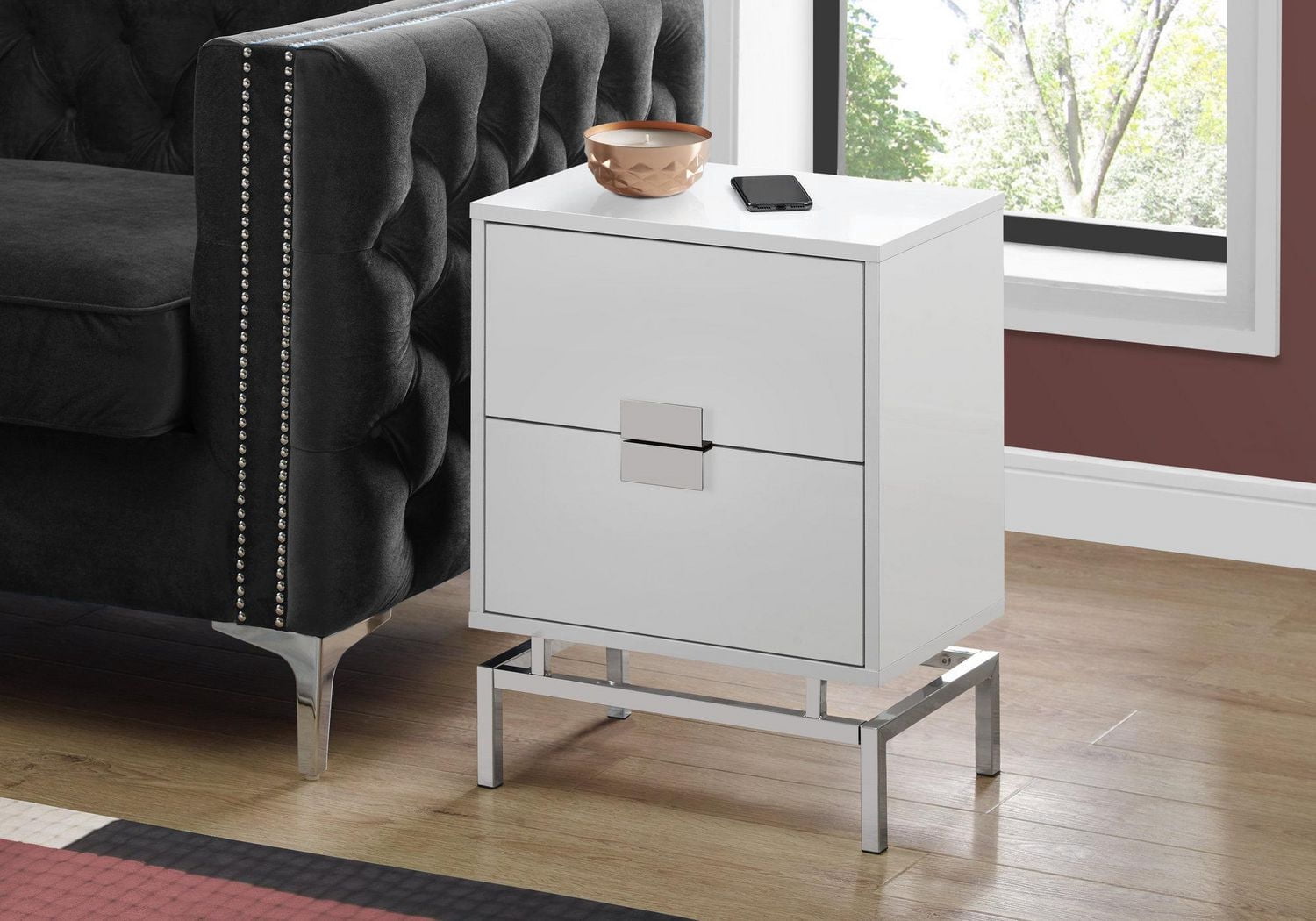Monarch Specialties Table D'appoint, Coté, Bout, Table De Nuit, Lampe, Tiroir De Rangement, Salon, Chambre À Coucher, Stratifié Blanc Brillant, Métal Chromé, Contemporain, Moderne