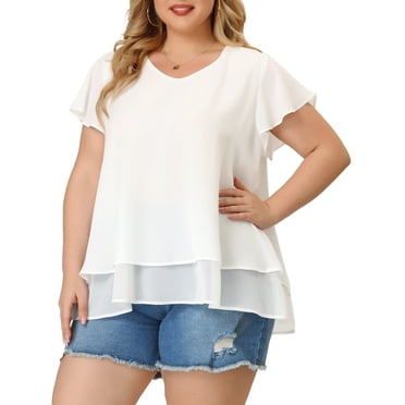 Agnes Orinda Women's Plus Size Chiffon Top Ruffle Short Sleeves V Neck Double Layered Hem Casual Blouses 4X White