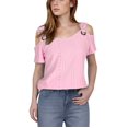 thumbnail image 1 of fheaev Hauts d'Été pour Femmes Épaules Dénudées Manches Courtes Dentelle Patchwork Col Rond Chandail Tunique Hauts Coupe Ample Chemisiers T-Shirt Chic Décontracté Vacances Travail Hauts, 1 of 7