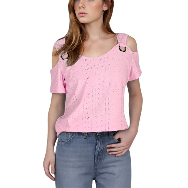 fheaev Hauts d'Été pour Femmes Épaules Dénudées Manches Courtes Dentelle Patchwork Col Rond Chandail Tunique Hauts Coupe Ample Chemisiers T-Shirt Chic Décontracté Vacances Travail Hauts
