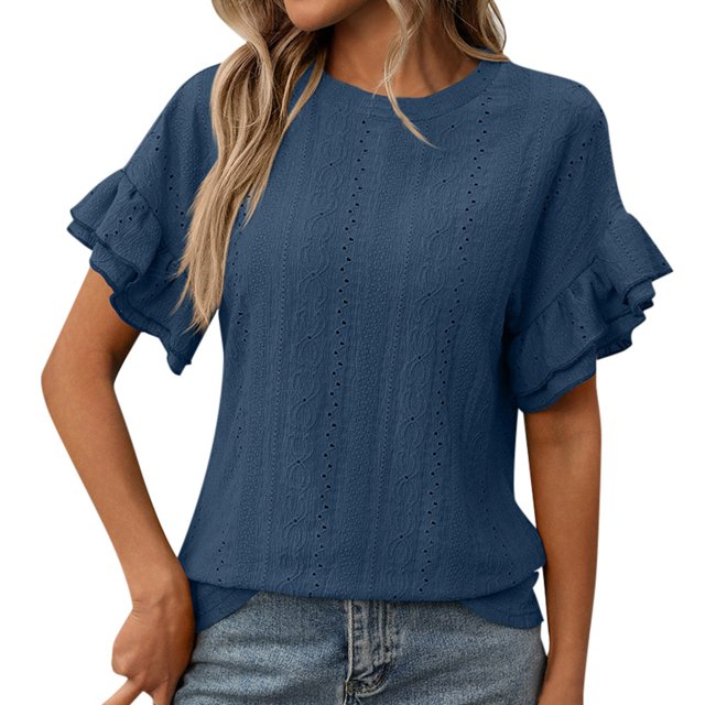 JIRNDf Hauts pour Femmes T-Shirts d'Été Tendance Couleur Unie Col Rond Manches Courtes à Volants Blouse pour Femmes Tunique Décontractée Bleu Foncé L