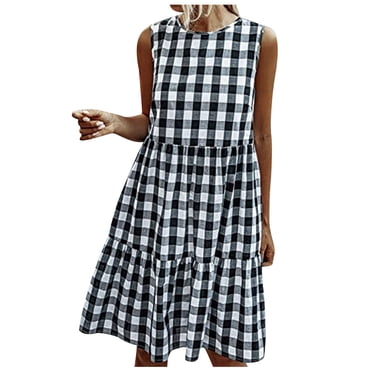 Robe Babydoll Décontractée d'Été Sans Manches pour Femmes, Col Rond, Fluide, à Volants, en Coton et Lin, Robe Débardeur, Robe à Carreaux avec Poches
