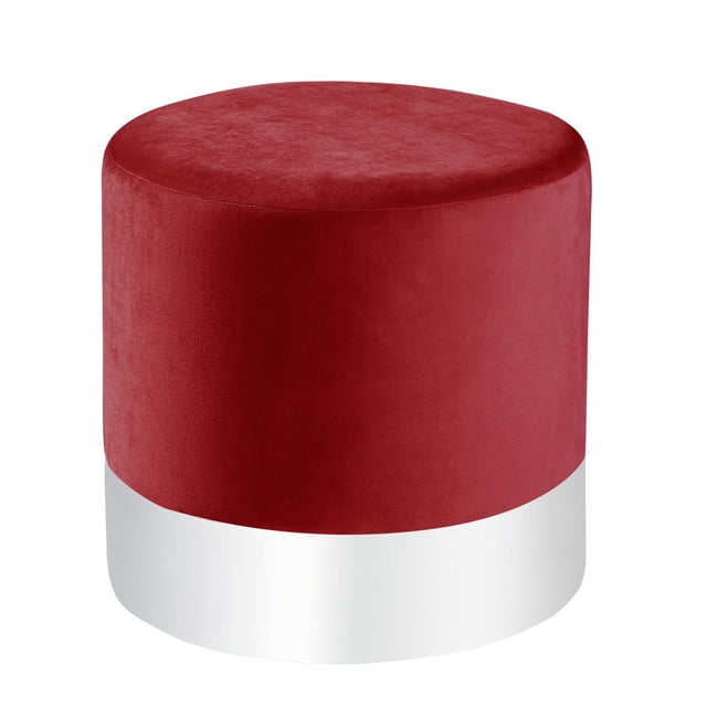 Modern ottoman with a round shape featuring deep red velvet upholstery and a smooth white base, ideal for extra seating or as a footrest in living room furniture.