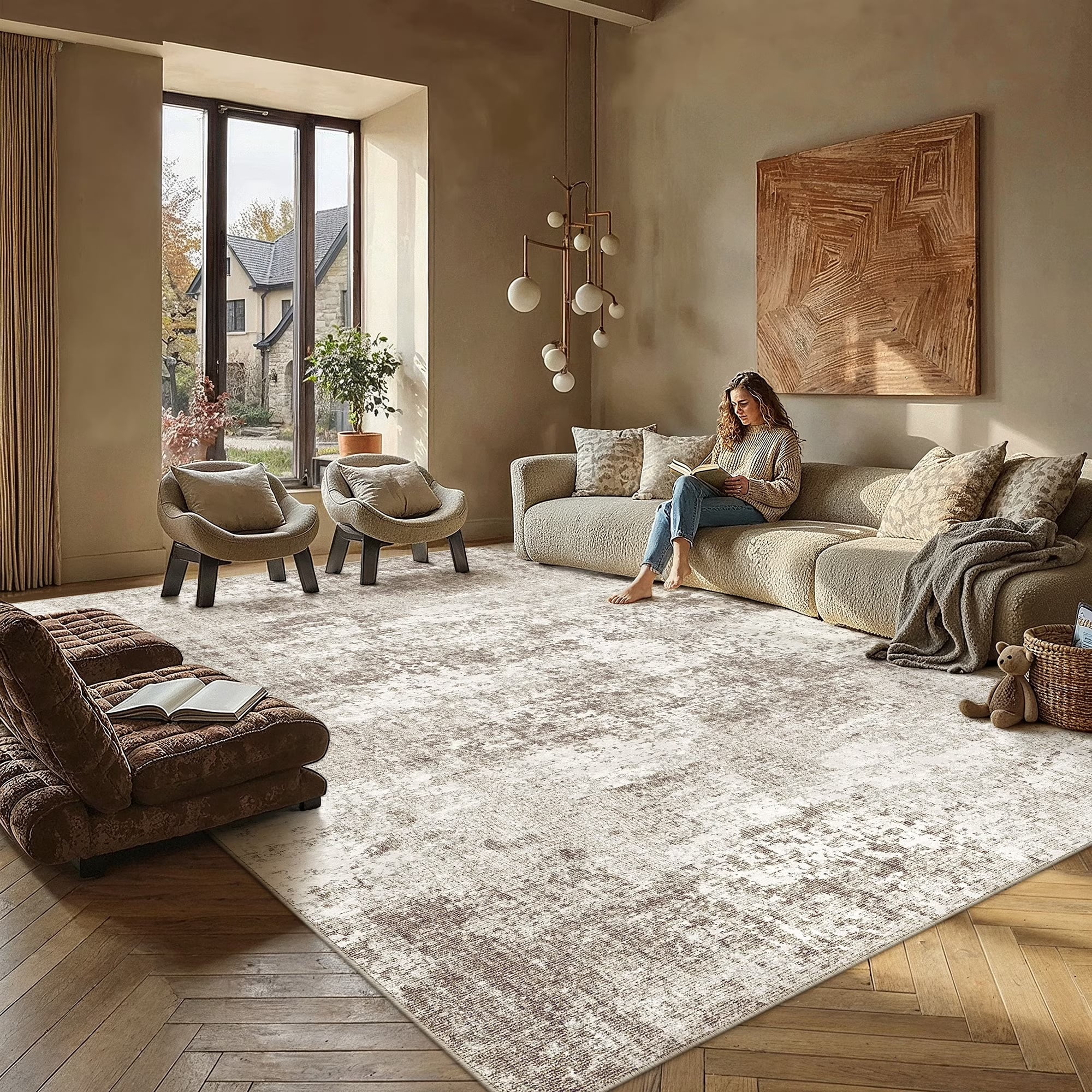 BERTHMEER 9'x12' Area Rugs for Living Room Dining Room Bedroom Office Farmhouse Large Indoor Abstract Neutral Contemporary Modern Machine Washable Rugs Carpets, Beige