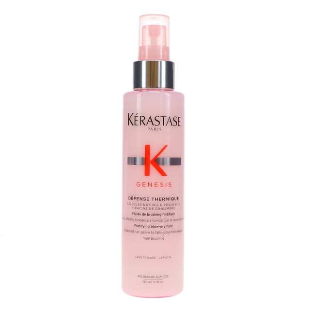 Kérastase Défense Thermique Apprêt pour Séchage au Sèche-Cheveux 5,1 oz dans une Bouteille Vaporisateur Rose Élégante avec Distributeur à Pompe. Ce Traitement Capillaire Sans Sulfates Hydrate, Minimise les Frisottis et Protège les Cheveux contre les Dommages Causés par la Chaleur pendant le Séchage au Sèche-Cheveux. Conçu pour Réduire les Pointes Fourchues et les Casses, Il Laisse les Cheveux Lisses, Brillants et Soyeux. Idéal pour une Utilisation sur Cheveux Humides avant la Coiffage.
