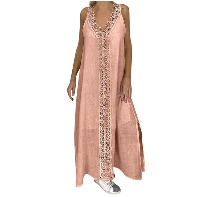 XZNGL Long Maxi Dress for Women Plus Size V-Neck Sleeveless Beach Loose Lace Patchwork Long Dress Maxi Dress Plus Size Beach Dress Plus Size Maxi Dress for Women