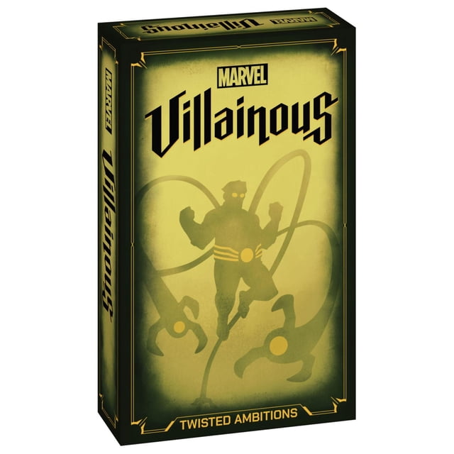 Marvel Villainous: Twisted Ambitions board game box featuring a stylized silhouette of Doctor Octopus with mechanical arms on a yellow-green gradient background, ideal for Marvel fans and classic board game players.