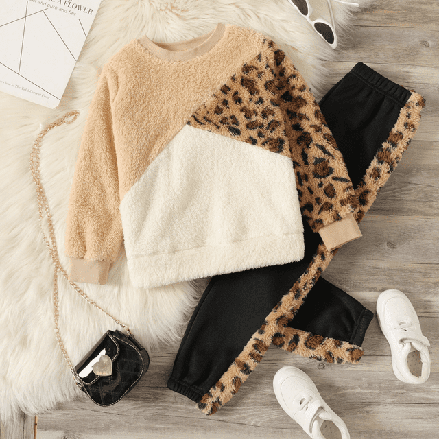PatPat Girls Fleece Sweatshirts and Leopard Jogger Pants Colorblock 2 Pieces Outfit Set Sizes 4-12