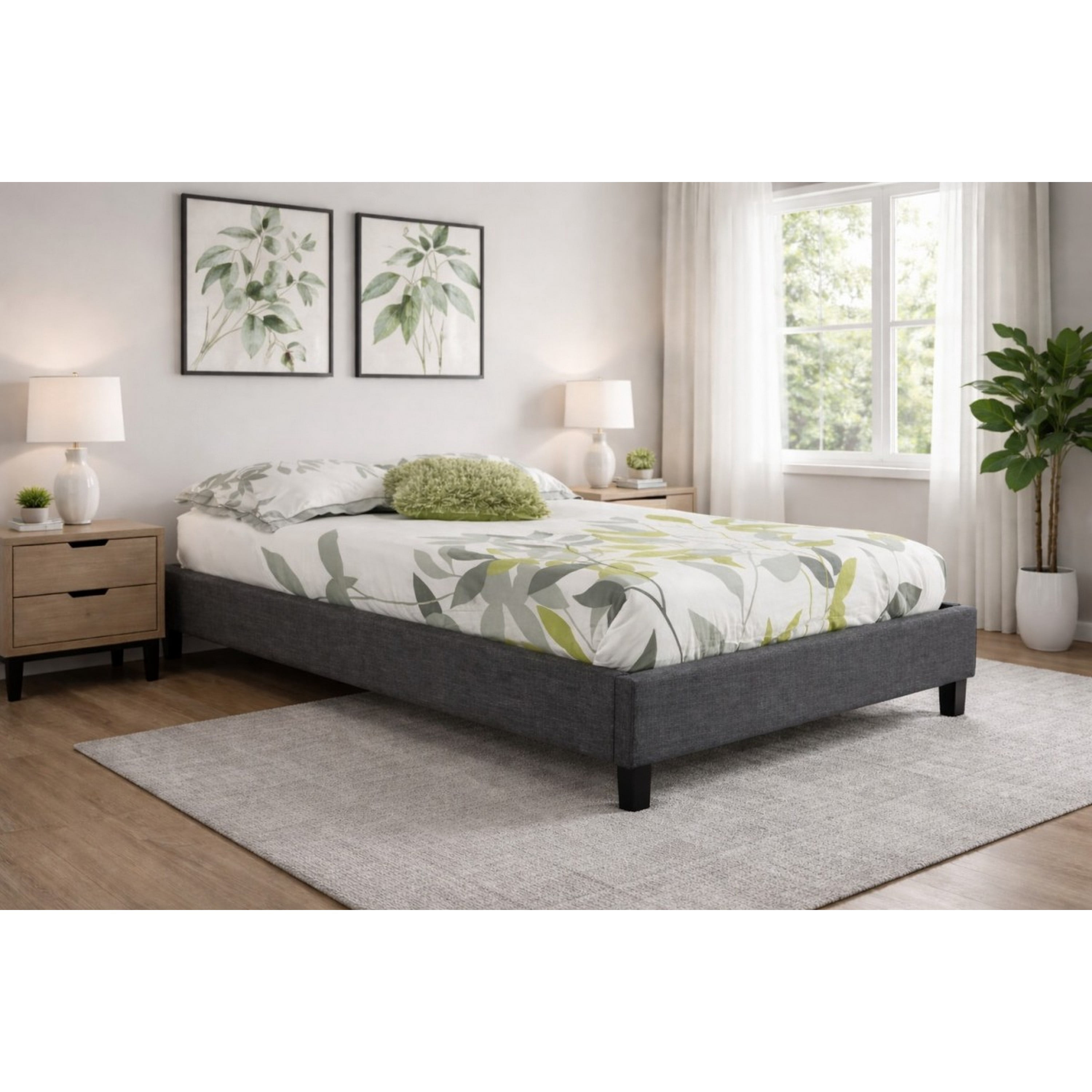 Brassex Soho Lit plateforme double rembourré pour chambre avec lattes courbées, sans sommier requis et tissu polyester, gris