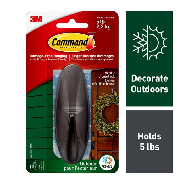 Command™ Outdoor Designer Hook 17083BZ-AWEF, large metallic bronze hook for damage-free hanging outdoors, holds up to 5 lbs (2.2 kg), water and UV resistant, ideal for seasonal decoration on doors and exterior surfaces, removes cleanly without residue or damage.