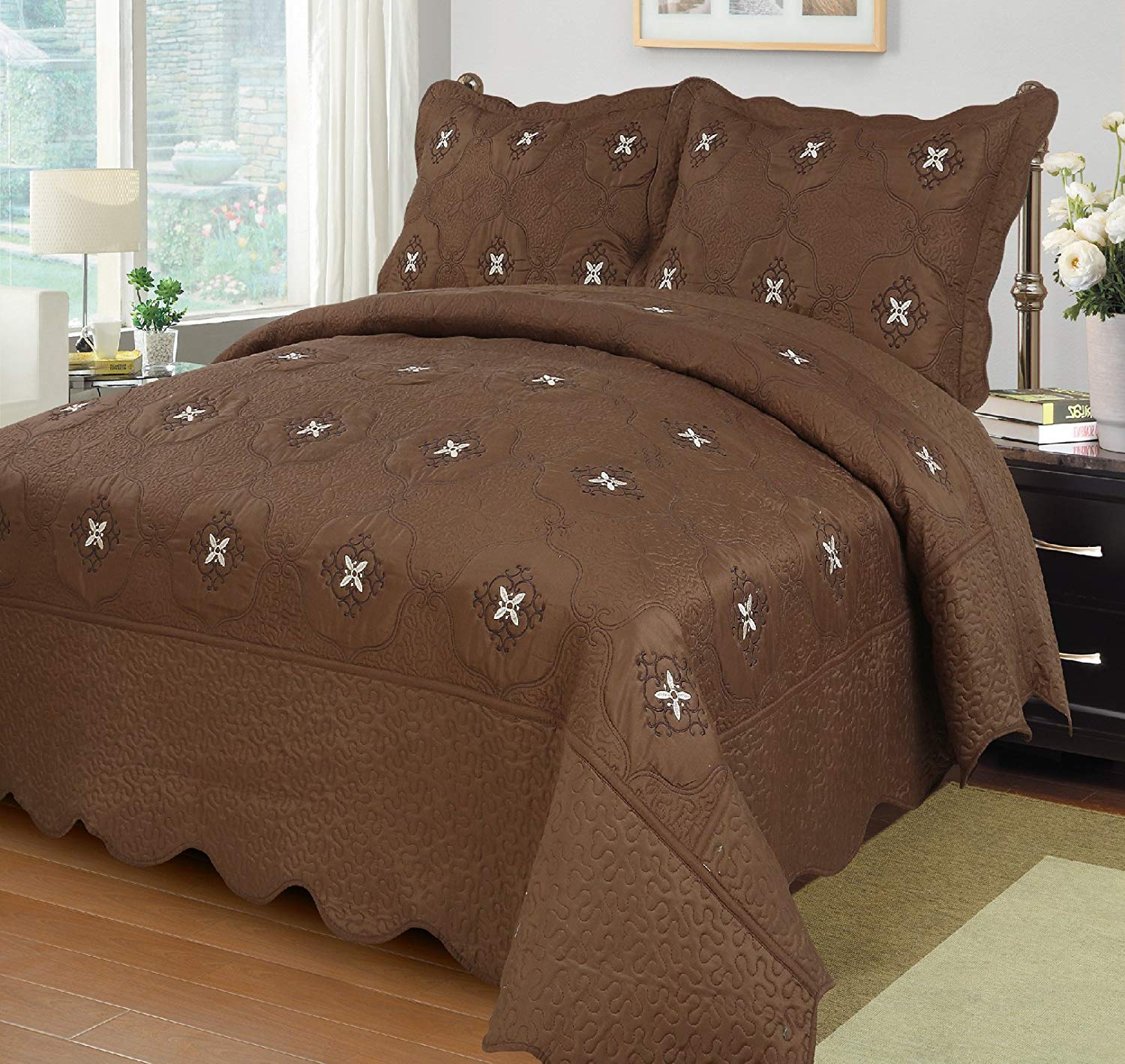 MarCielo 3-Piece Fully Quilted Embroidery Quilts Bedspreads Bed Coverlets Cover Set Emma(Queen Size, Brown)