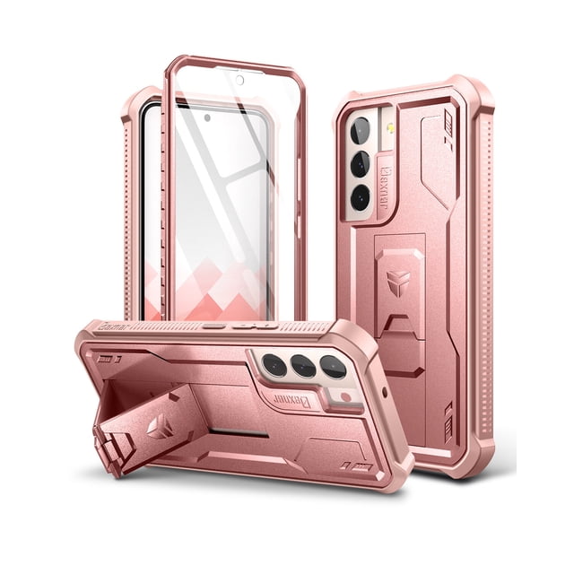 Dexnor for Samsung Galaxy S22 case in rose gold, designed for heavy-duty protection with a built-in screen protector and kickstand. This military-grade shockproof cover features dual-layer construction with a hard PC shell and TPU bumper. Raised edges protect the screen and camera, while the anti-slip texture ensures a secure grip. Compatible with wireless charging and ideal for hands-free viewing in landscape or portrait mode. A durable cellphone case accessory for Samsung Galaxy S22 users.