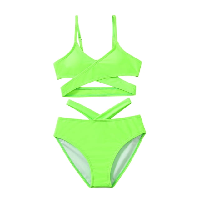 MIASHUI Girls 2 Piece Swimsuits Solid Spaghetti Strap Bikini Set in green for ages 7-8 years. The set includes a spaghetti strap top with a crisscross design and matching high-waisted bottoms, both made of nylon and spandex for comfort and flexibility. Suitable for beach outings, swimming pools, and water activities.