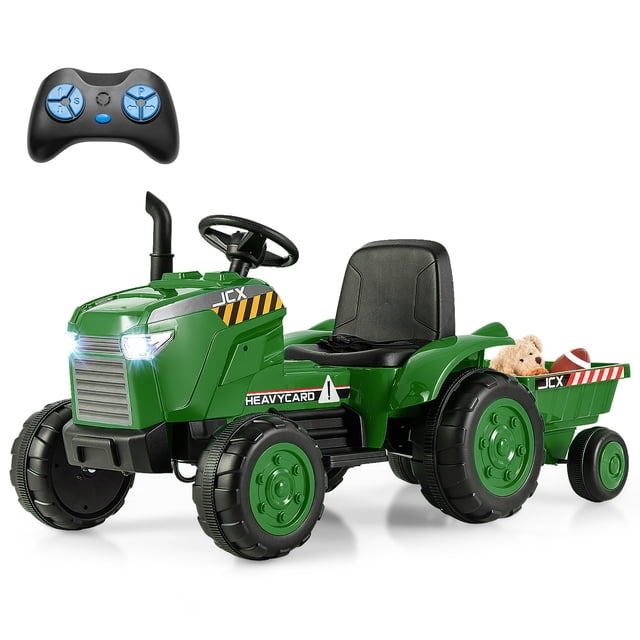 Gymax 2-in-1 Electric Toy Car 12V Kids Ride On Tractor w/ Trailer Remote Control Lights Grayish Green