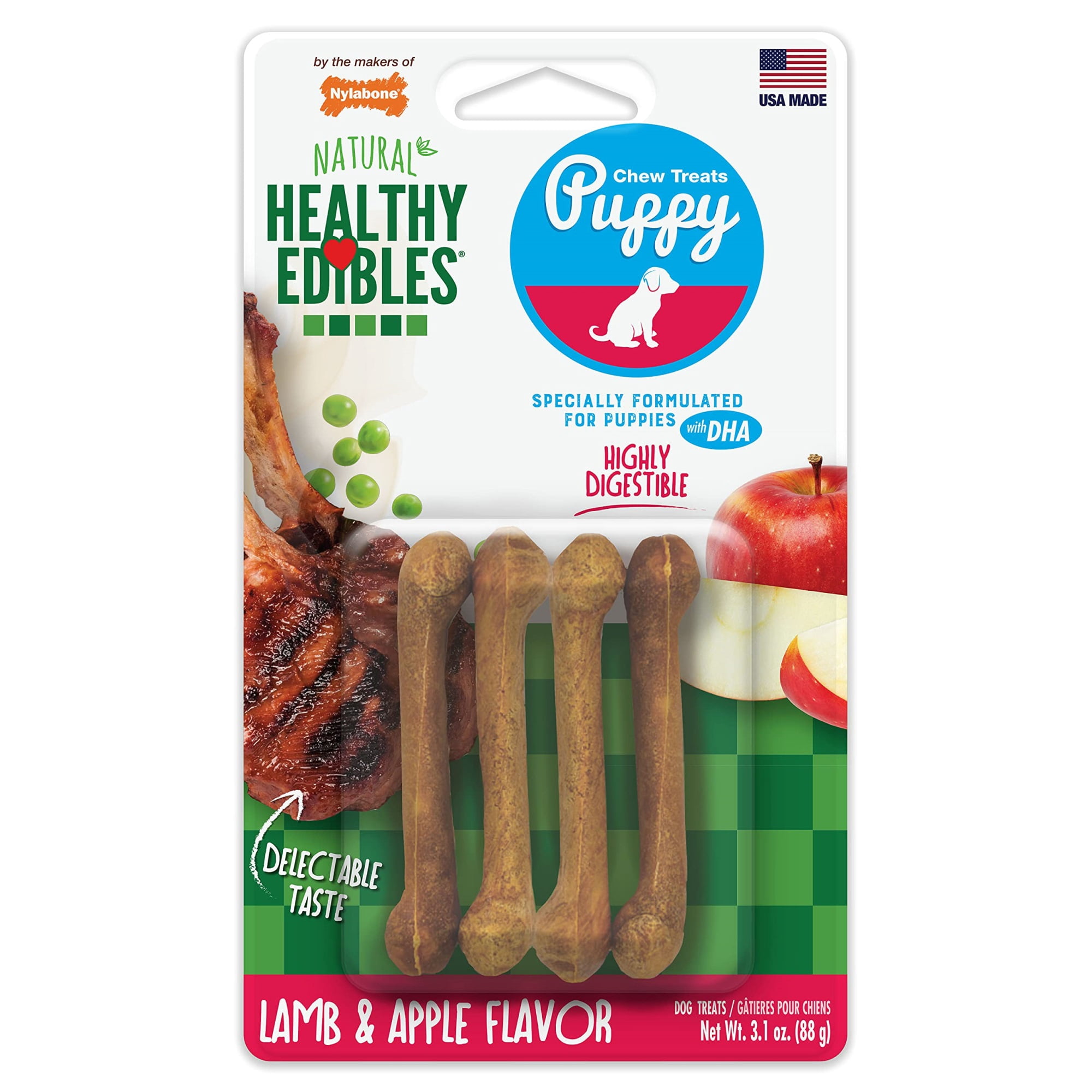 Nylabone Healthy Edibles Puppy Natural Long Lasting Dog Chew Treats Lamb & Apple X-Small/Petite (4 Count)