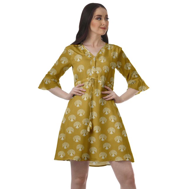 Moomaya Robe Courte à Cordon Imprimée pour Femmes, Col en V, Manches à Volants, Robe d'Été