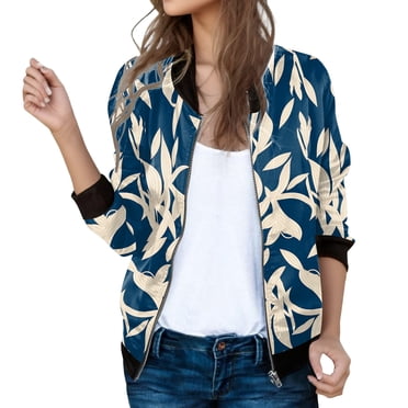 DondPO Bomber Jacket Women Womens Daily Jackets Lightweight Zip Up Jacket Print Coat Stand Collar Short Sports Outwear Tops Jackets for Women Trendy Floral Jackets for Women Blue 2XL Clearance!